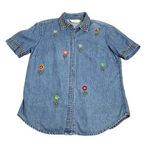 Cute Flower Embroidered Vintage Denim Button Down Size S